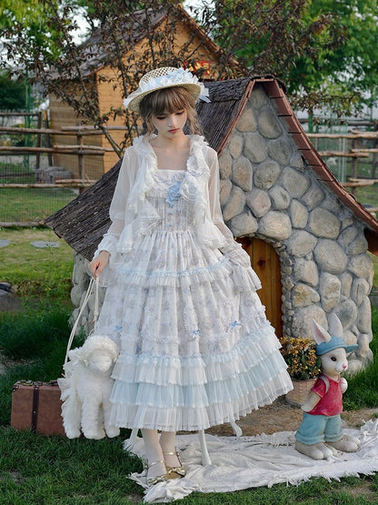 Blue Flower & Lamb Print Embroidered Neckline Lolita JSK Dress - Miss Point