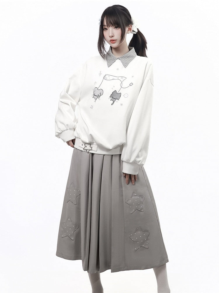 Kawaii White Crewneck Mouse Print Sweatshirt Plaid Shawl Set - PINK SAVIOR
