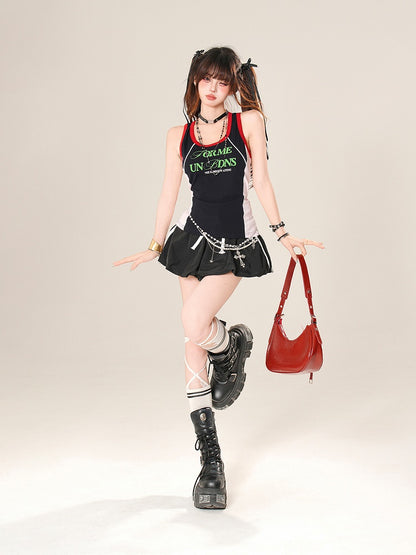 デザインレタープリントタンクトップ ネイビーブルー カラーブロック