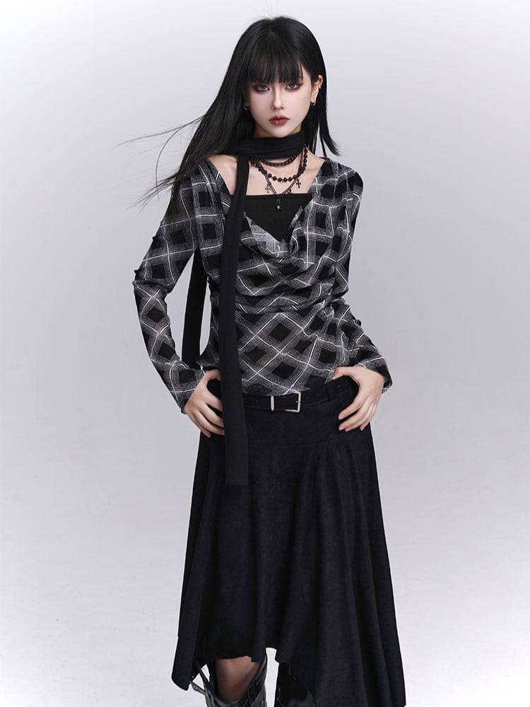 Top Faux Two-Piece Cowl Autumn Black Neck Plaid