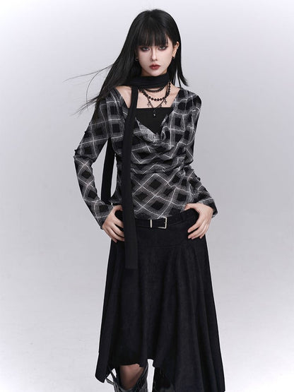 Top Faux Two-Piece Cowl Autumn Black Neck Plaid