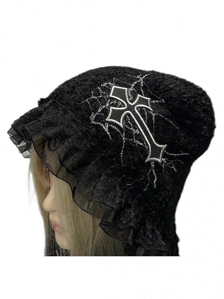 Knit Trim Punk Patch Cross Black with Lace Beanie Y2K
