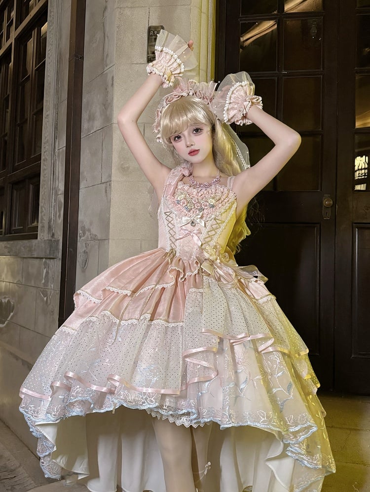 Hem Short Pink Lolita with Embroidery Version High-low Dress Corset Hanayome Floral Waist Layered