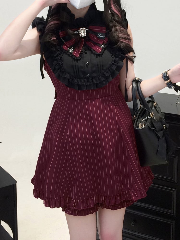 Shorts with Versatile Coord Sleeves Kei Set: Red Wine Striped Modular Matching Jirai Dress
