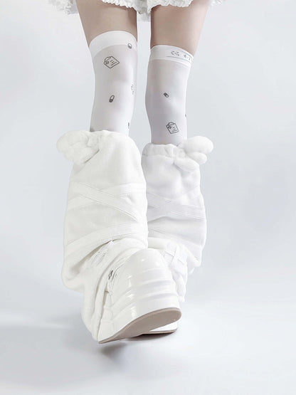 ケイ アップリケ エンジェル ジライ カワイイ ホワイト ヤミ フランネル レッグウォーマー 羽根デザイン クロス