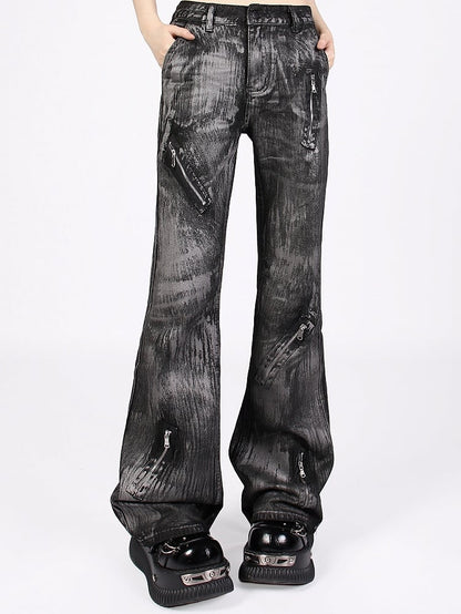 Graffiti Design Jeans Punk Black Asymmetrical Vintage Low-Rise with Zipper