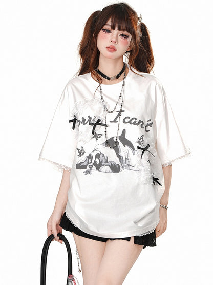 White/Grey Cute Puppy Print Short Sleeves T-Shirt