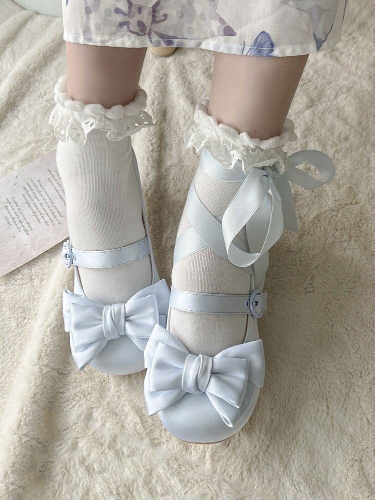 Toe Blue Ankle Mid-heel Round Top Janes Bow - at Mary Lace-up