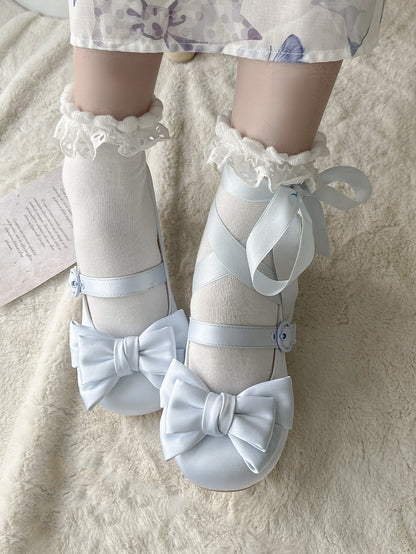 Toe Blue Ankle Mid-heel Round Top Janes Bow - at Mary Lace-up