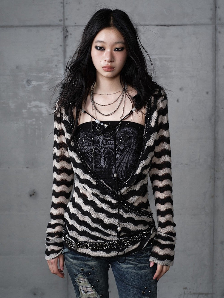 White with Vintage Set Deconstructed Fur Design Bustier Black Striped Top Faux Knit