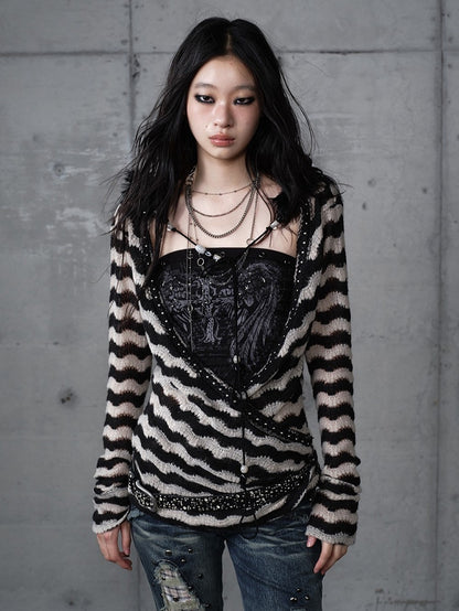 White with Vintage Set Deconstructed Fur Design Bustier Black Striped Top Faux Knit