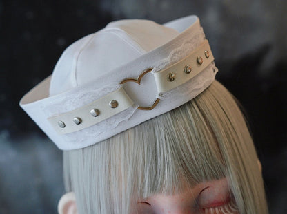 White Studded Heart-shaped Ring Lace Sailor Hat