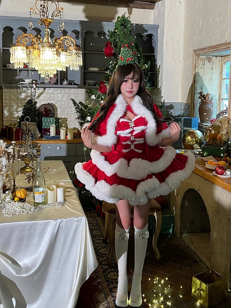 Christmas Red Winter Hooded Cape with Oversized Plush Bunny Ears