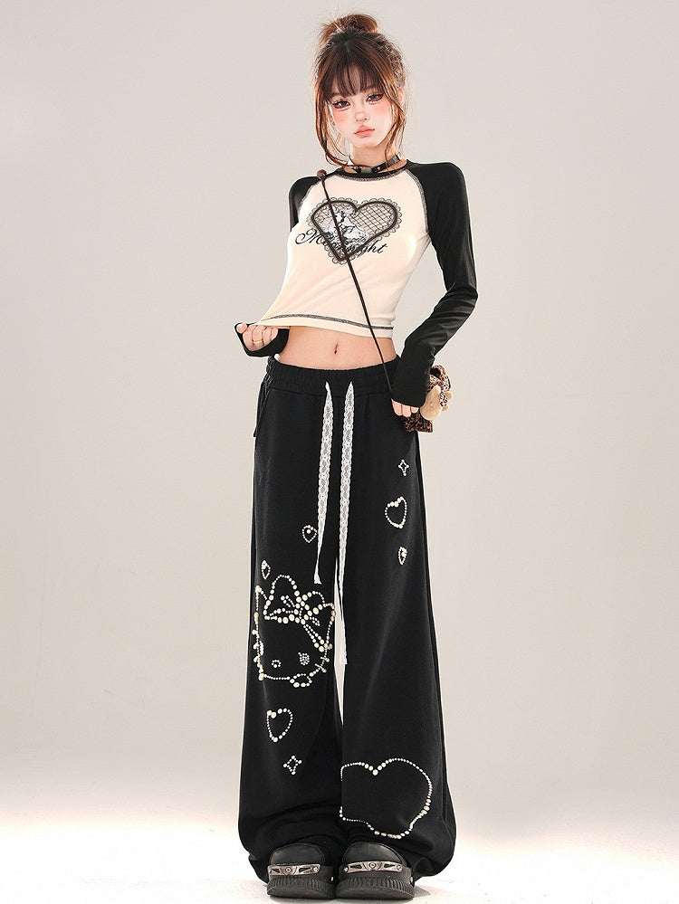 Black/Grey Heart Print Colorblock Close-fit T-shirt