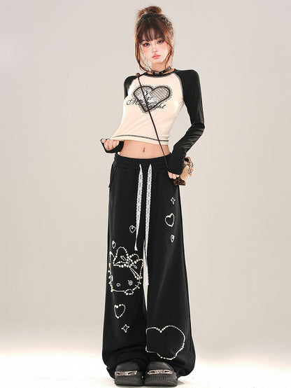 Black/Grey Heart Print Colorblock Close-fit T-shirt