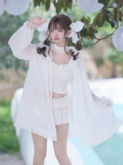 カバーアップ ホワイト レース 日焼け防止 トリム シフォン