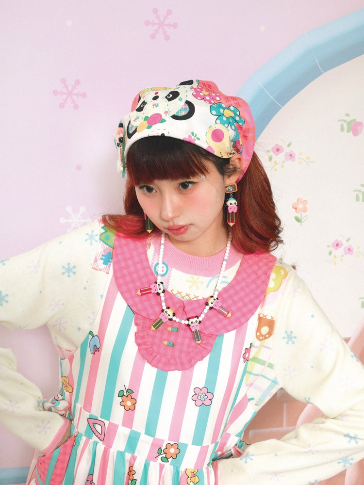 ピンクのチェック柄の花柄とパンダ柄のスカーフ