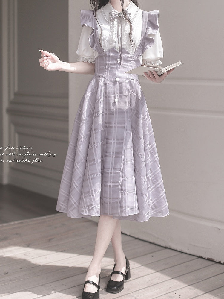 Purple Taro Long Plaid Overall with Version Flutter Sleeves Dress