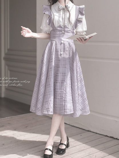 Purple Taro Long Plaid Overall with Version Flutter Sleeves Dress