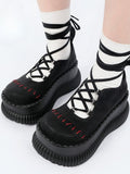 Contrast Closure with Lace-up Stitching - Crisscross Red Janes Black Platform Mary