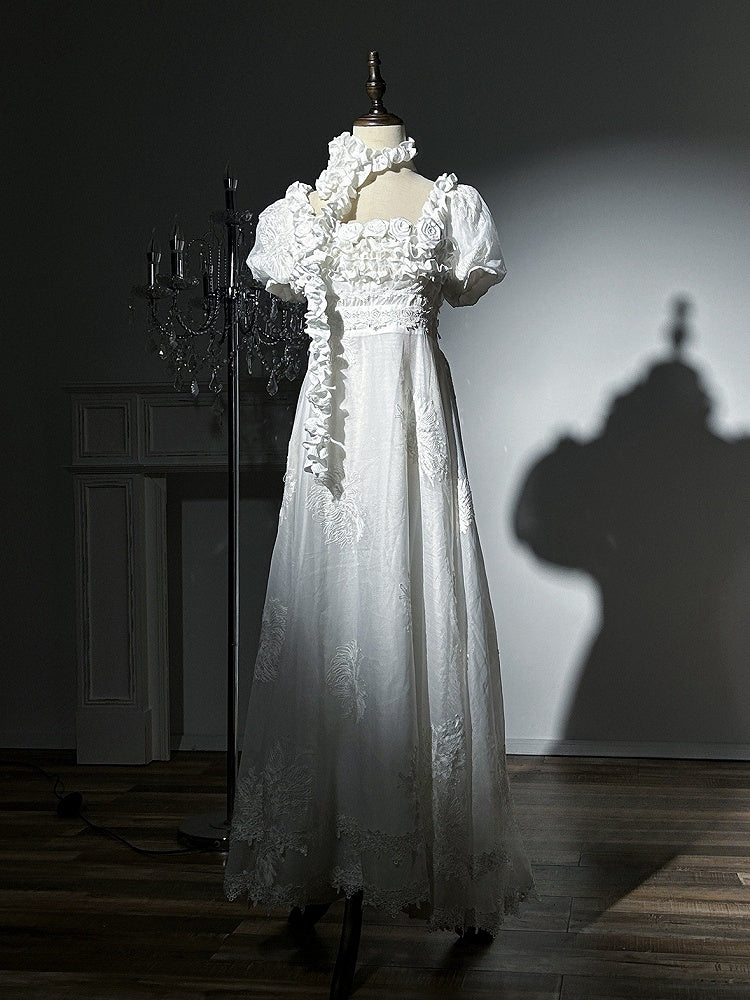 Quadratische verzierte Taille Rosen Elegant Empire Stück Ausschnitt weißes Kleid One Lolita