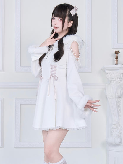 Pure Shoulder Jirai Hoodie with Beaded Chains Trim Plush Cutout Kei White Dress: