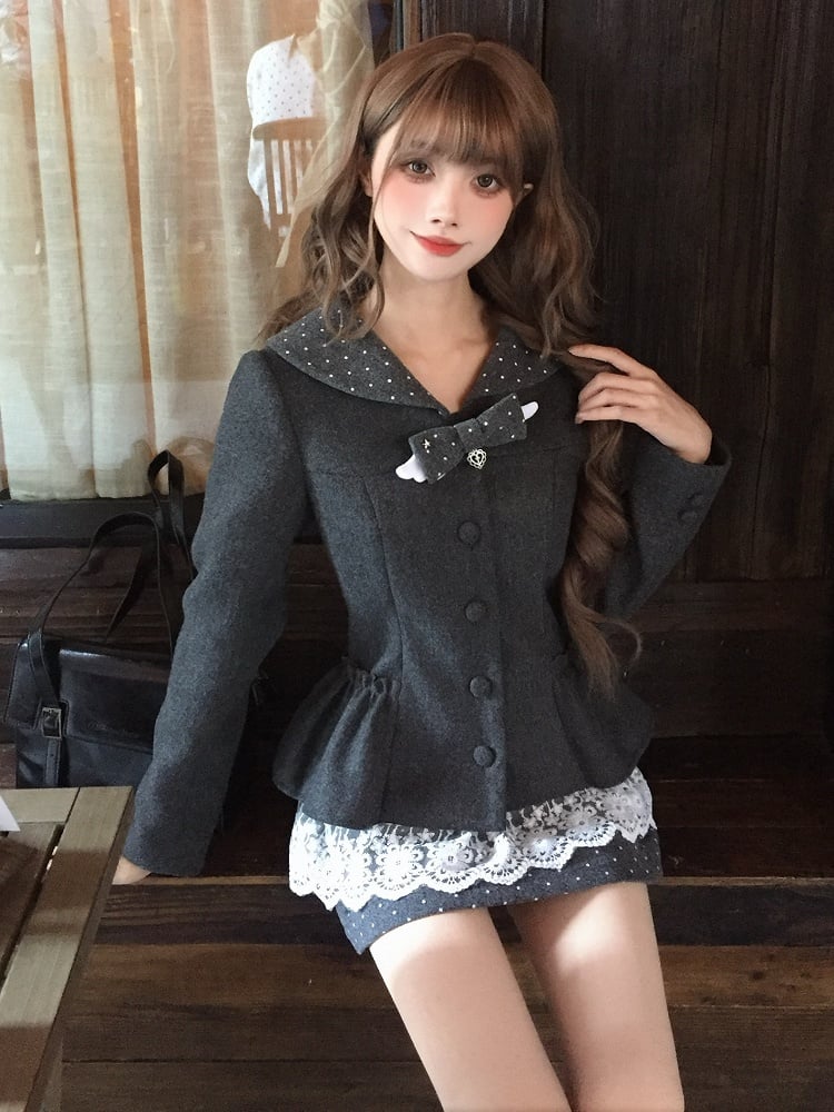 Gray Kei Polka Wool Coat Decor Bow Wing Dot Jirai Collar with