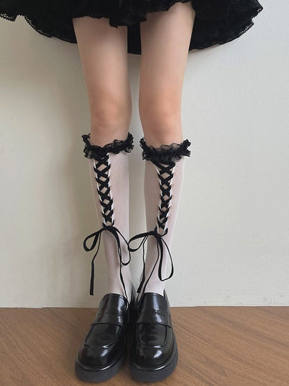 White and Black Lace Sliming Trim Design Calf Strappy Socks