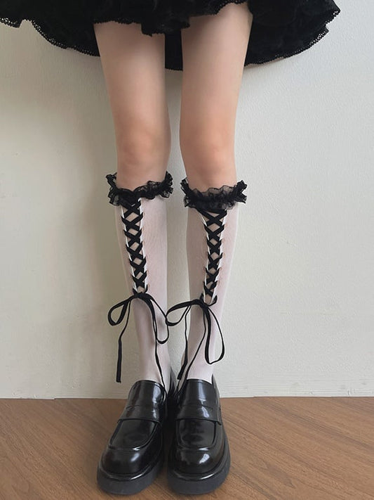 White and Black Lace Sliming Trim Design Calf Strappy Socks