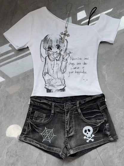 Anime Printed Off-Shoulder Short Sleeve Top - Corner cat