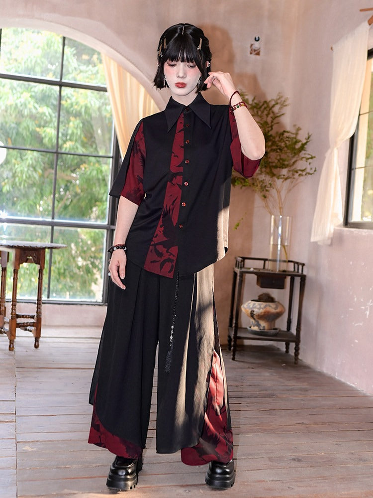 Gothic Black and Red Spliced Pointed Flat Collar Short Sleeve Shirt with Crow Motif - Quirky Hut