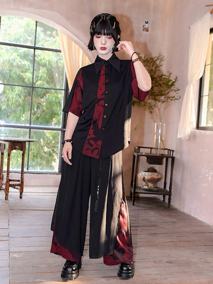 Gothic Black and Red Spliced Pointed Flat Collar Short Sleeve Shirt with Crow Motif - Quirky Hut