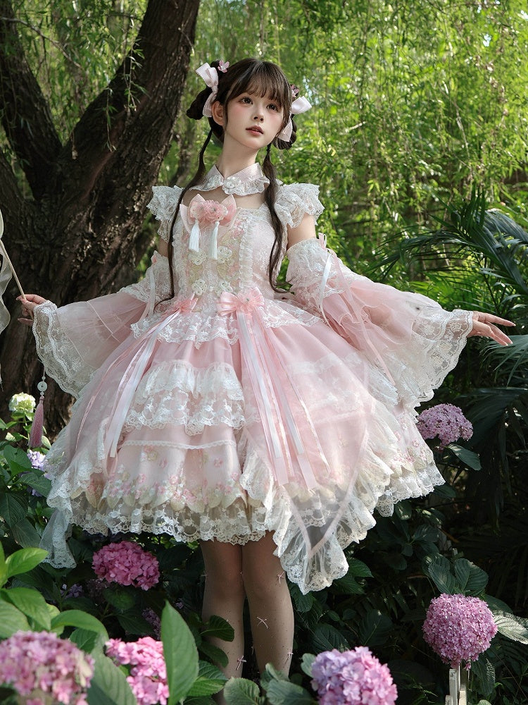 Chinoiserie Pink Lolita JSK with Lace, Choker & Full Set - White Sugar Girl