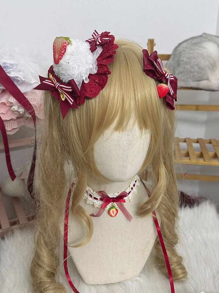 White Sweet Strawberry-Themed Lace Mini Hat Lolita Red