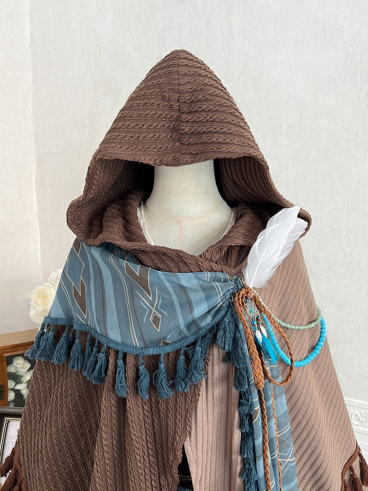 Wasteland Style Brown Asymmetrical Lolita Cape with Tassel & Bead Accents - Xiong Dou Jiang