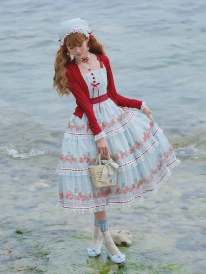 Strawberry Print Blue Lolita Gingham Dress Sweet Summer Lolita Jumper Skirt