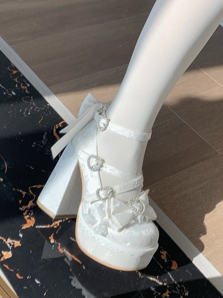 Mary Janes Chunky Bow Sophisticated Decor - White Lolita Heel