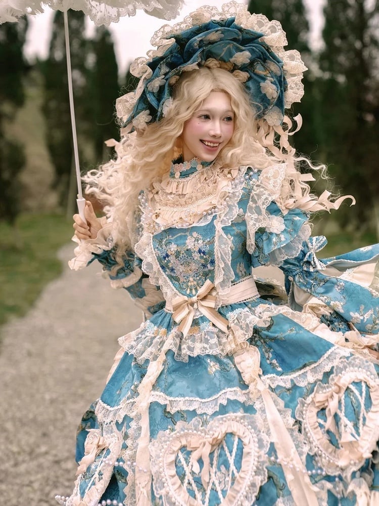 with Sleeves Sweetheart and Ruffle Layers Bell Applique Gorgeous Blue Gown Hime Lolita Beaded Lace