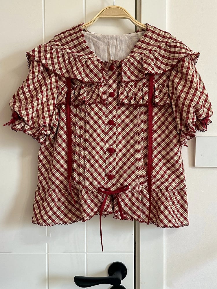Blouse Red Hooded Pattern Short Lolita Sleeves Plaid