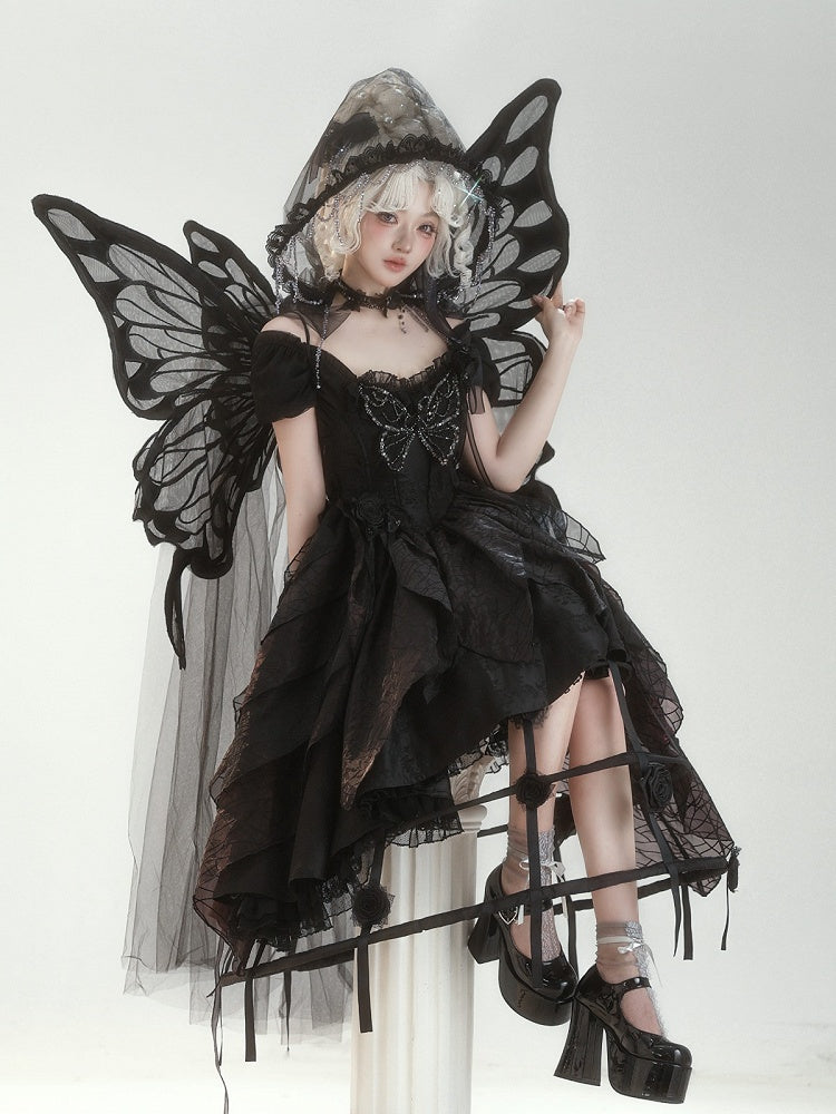 Butterfly Motif Puff Sleeve Lolita Top and Asymmetrical Hem Skirt Set in Black - Sweet Wood Lolita