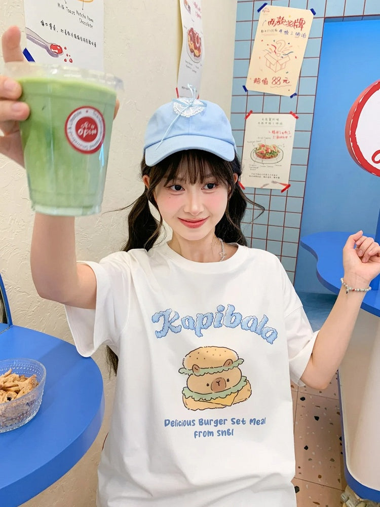 Neck White Round Long Capybara Burger Print T-Shirt Version