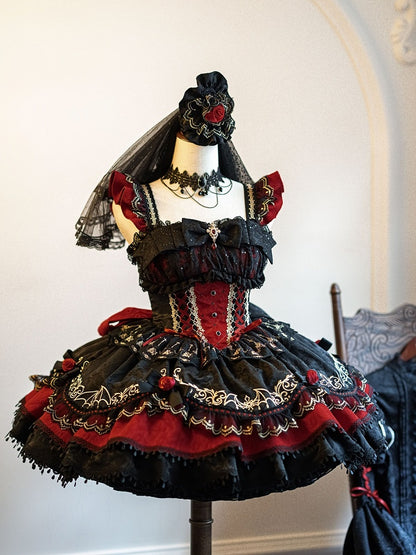 Gothic Lolita JSK Dress with Bat Pattern and Floral Embroidery in Black and Red - Dream Magic Box