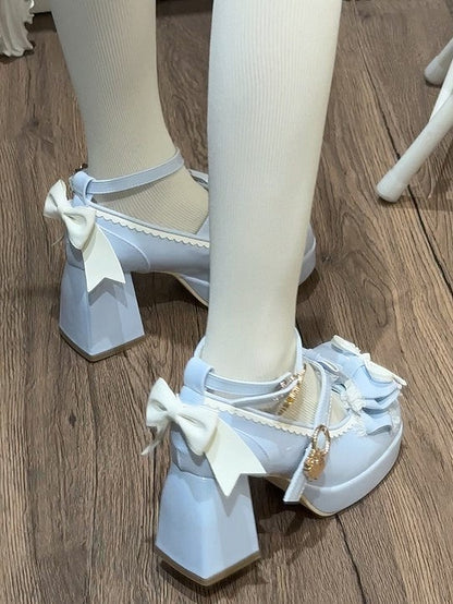 Mary Lolita Round-Toe Bow and with A Heel 8cm Janes Heels Delicate in Elegant - Blue White