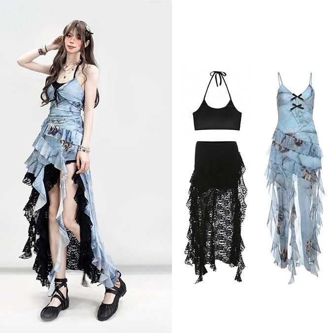 Y2K フリルとドレスキャミ付き ブルーキャミソール ブラックカスケードトリムスカート グラマラスハイロー