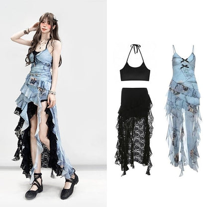 Y2K フリルとドレスキャミ付き ブルーキャミソール ブラックカスケードトリムスカート グラマラスハイロー