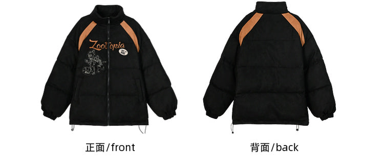 Schwarze Pufferjacke mit „Zootopia Judy and Nick“-Applikation