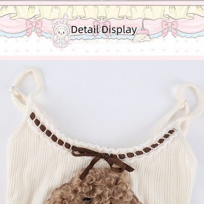 Kawaii Beige Camisole Top with Plush Puppy Accent for Autumn - serendipity