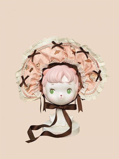 Pink Lolita Puppy & Coffee Print Bonnet with Brown Bows - Stars Fall on the Foggy Island