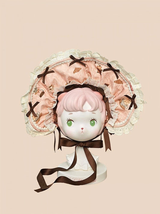 Pink Lolita Puppy & Coffee Print Bonnet with Brown Bows - Stars Fall on the Foggy Island