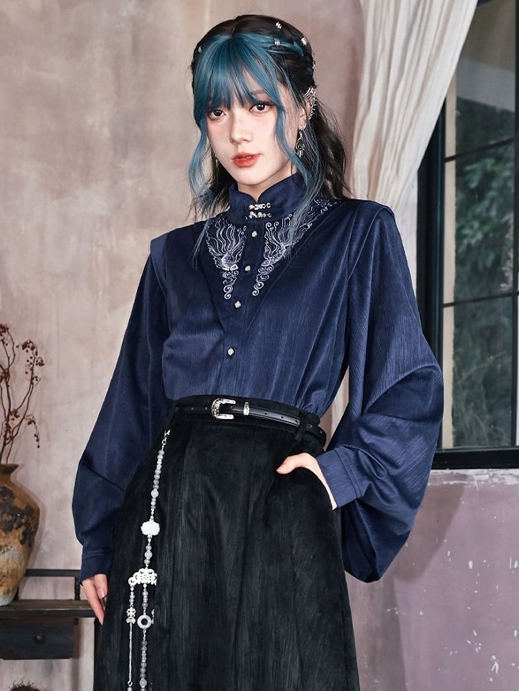 Sleeves Cheongsam - Collar Navy Blue Blouse Goth Mandarin Pipa